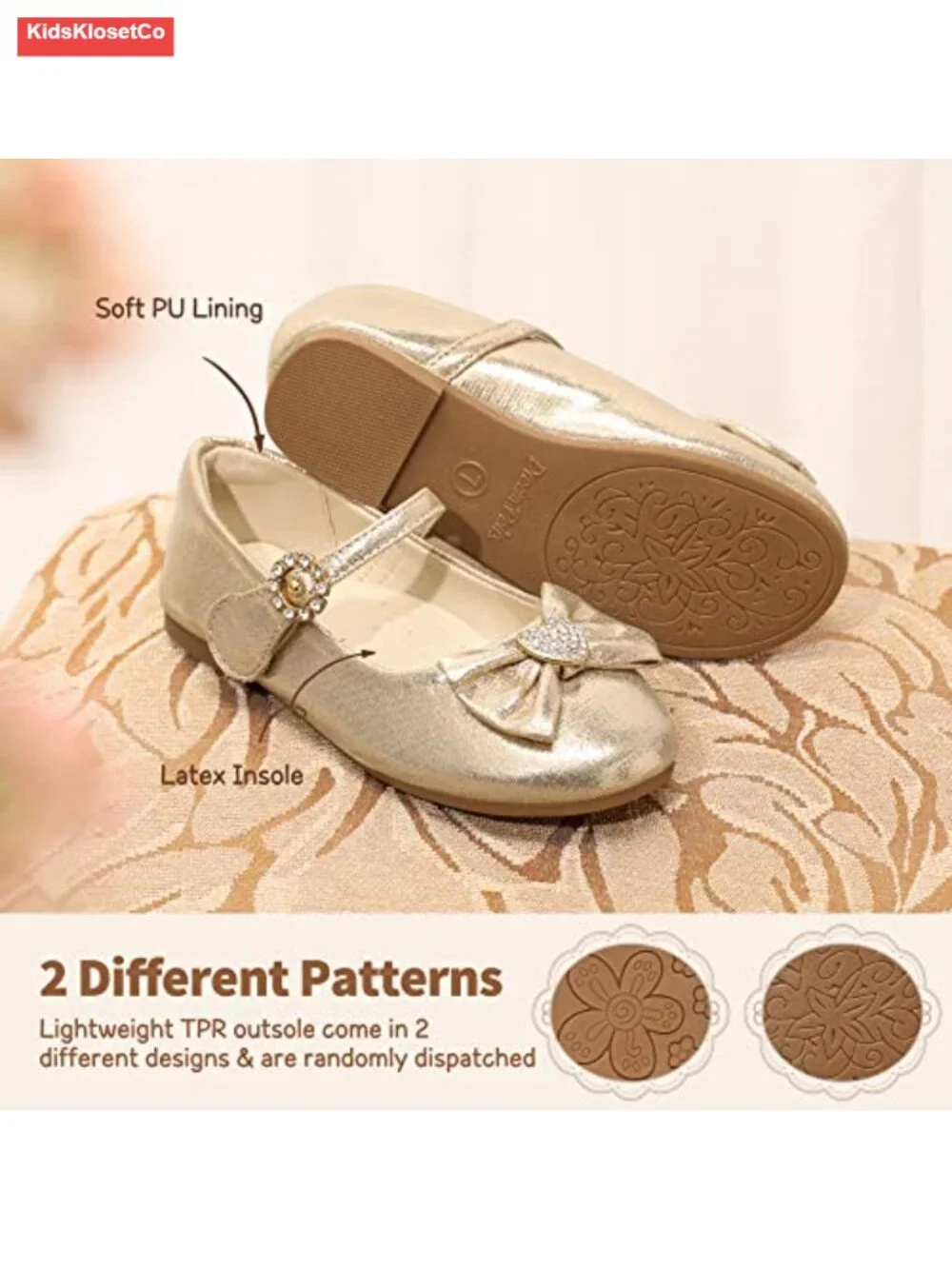 Girls Mary Jane Bow Ballet Flats - Hook & Loop Closure, Lightweight Dress Shoes